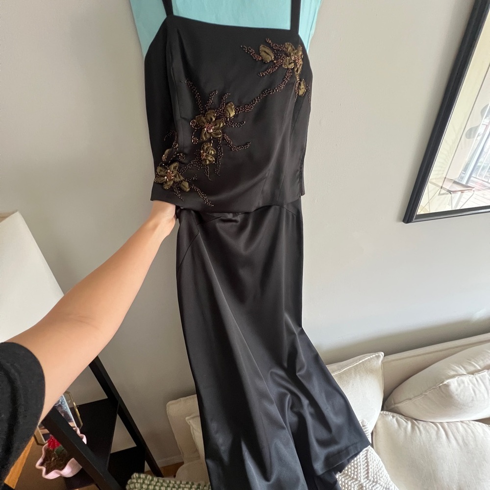 Satin Evening Beaded Top and Formal Maxi Skirt Set